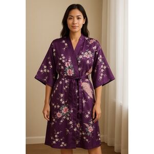 Satin Floral Robe Women Large Kimono Whimsy Y2K‎ Wearable Art Lagen Sleepwear